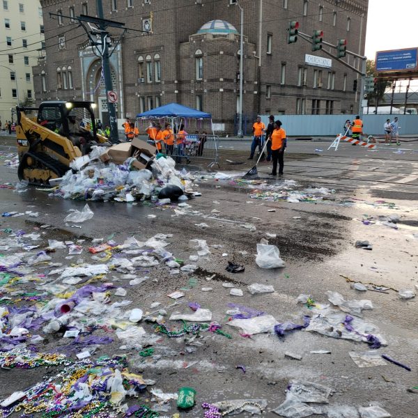 Mardi Gras party debris and cleaning crew